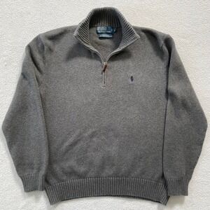 Polo Ralph Lauren Quarter Zip Sweater Mens Large Grey Cotton Leather Pull Chunky